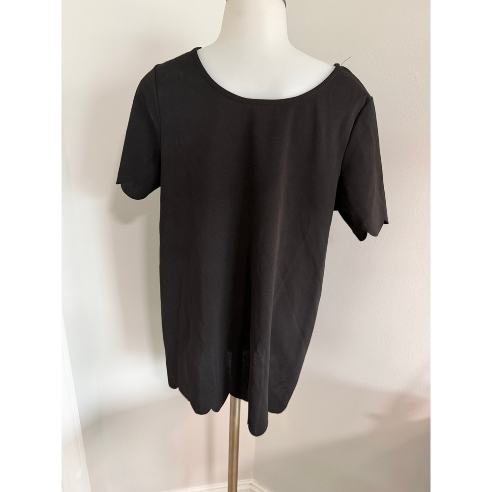 Jodifl Black Scalloped Hem Short Sleeve Scoop Neck Shift Dress Women Small